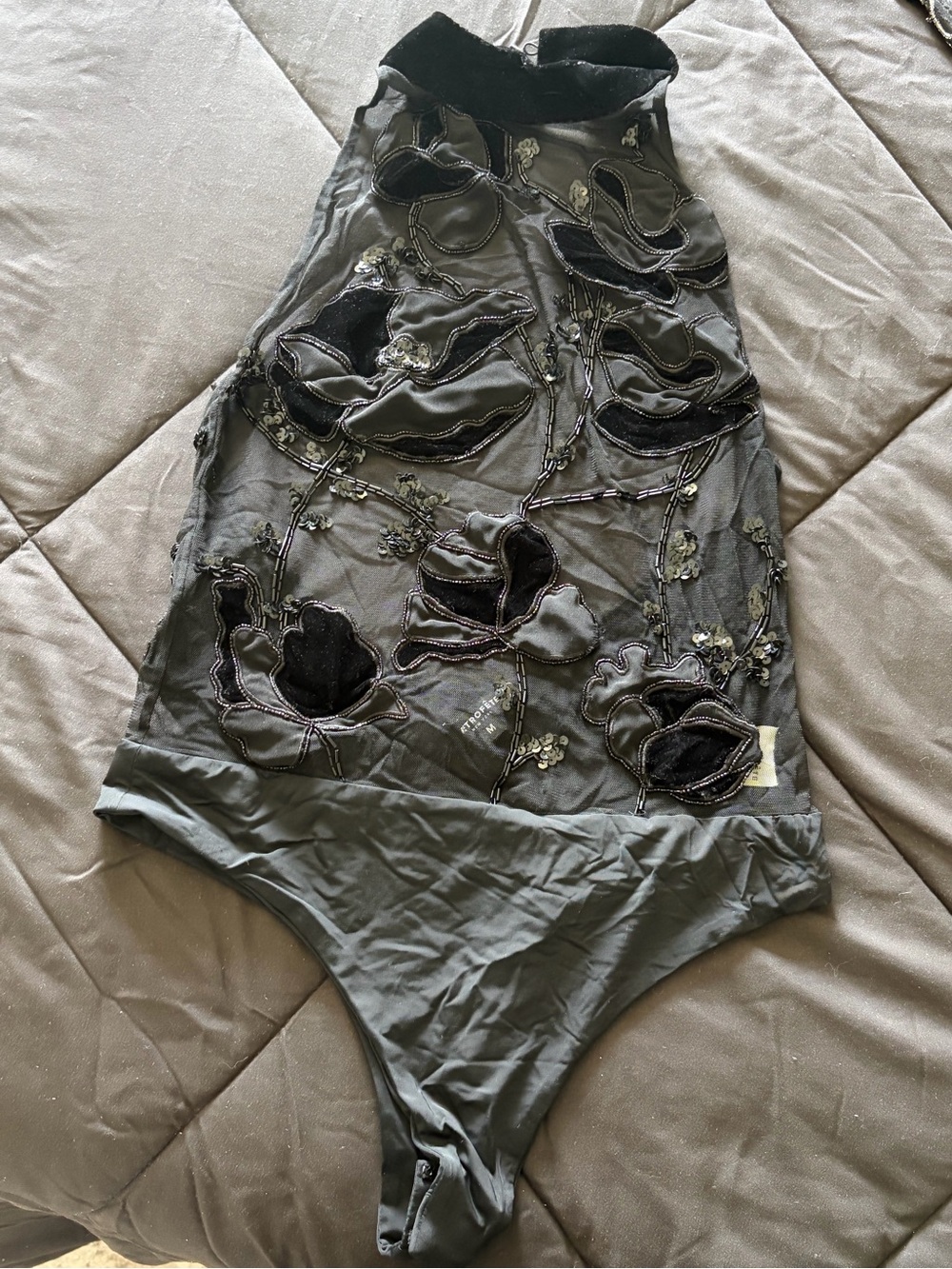 Embroidered Sheer Black Bodysuit